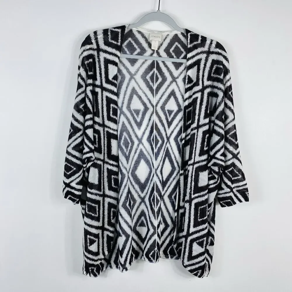 Chico's Size Large 12 2 Modern Diamond Mona Open Cardigan Sweater Brown White